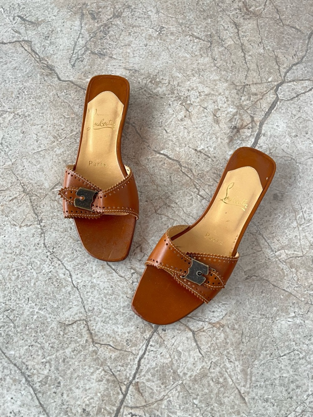 Christian Louboutin Leather Brogue Slides Mules Brown Buckle Sandals - Picture 2 of 10